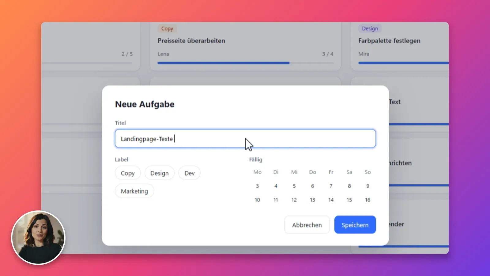 Mit Glidewright gerenderte Aufnahme: automatisch herangezoomtes Formular, vergrößerter Cursor und Webcam im Kreis vor einem Farbverlauf