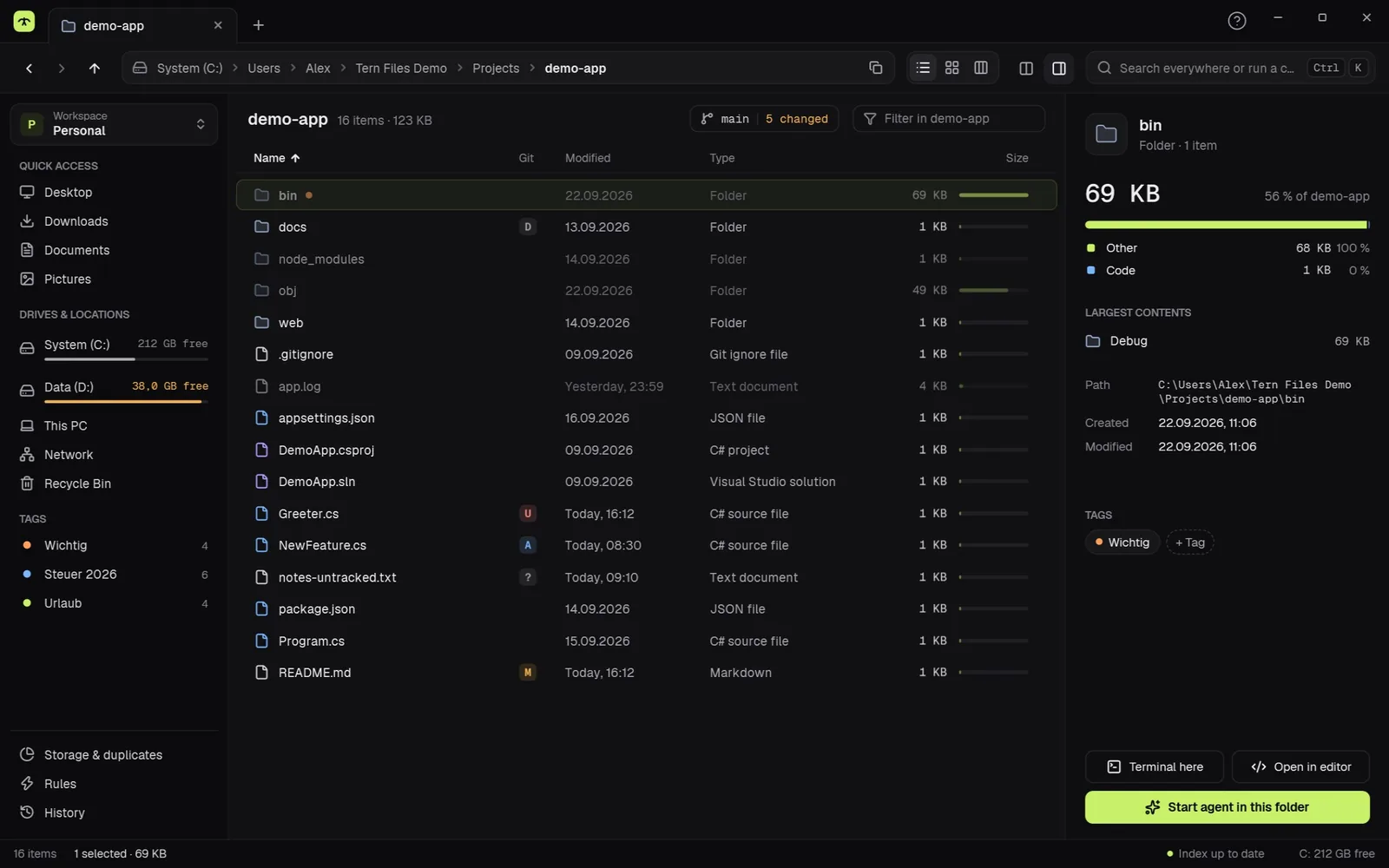 Tern Files main window with tabs, folder sizes and Git status